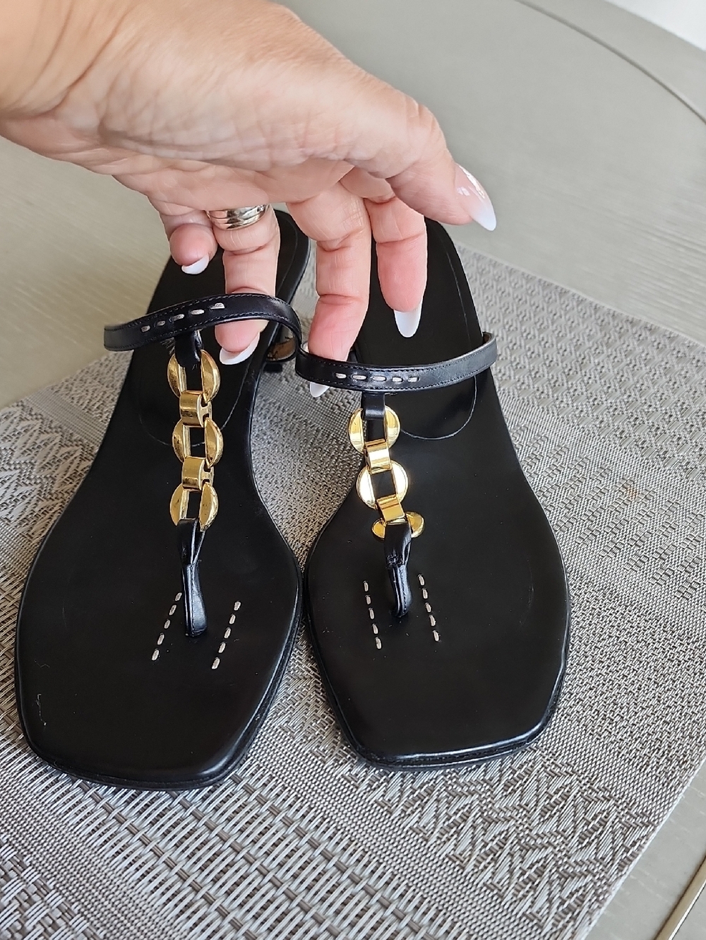 Cole Haan Black Sandals with Gold Chain Detail 9